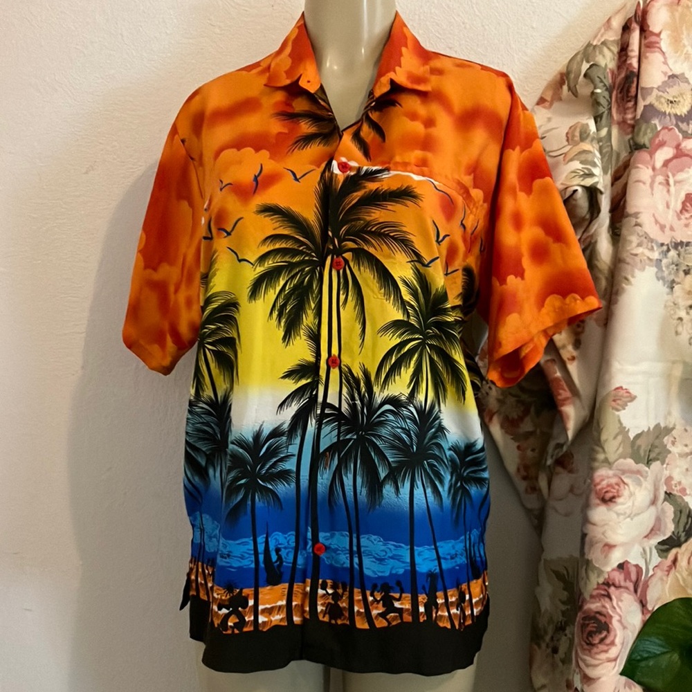 Happy Bay Tropical Multi Color Rima Design Button Front Short Sleeve Shirt